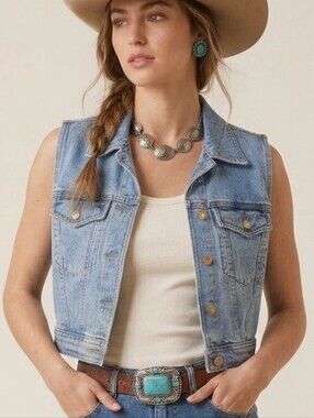 VTG 90s Cropped Denim Jean Vest Gem Button Size S Fits Medium Stampede Western